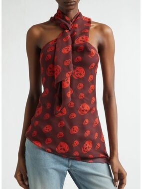 Alexander McQueen Skull Print Silk Chiffon Asymmetric Scarf Top
